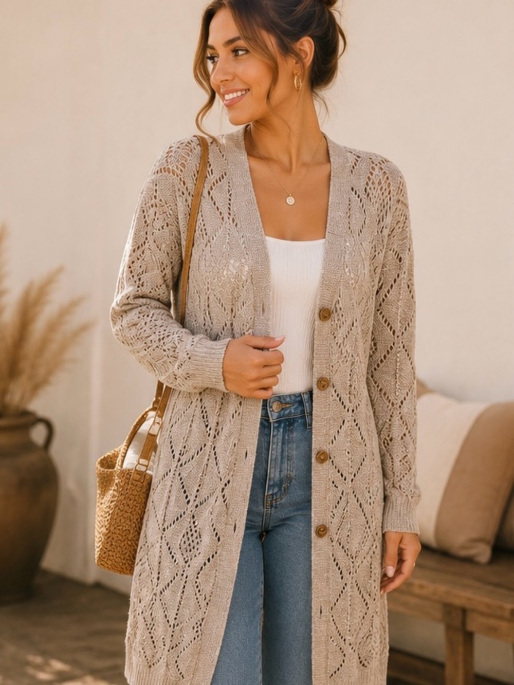 Open Knit Long cardigan| oatmeal color | size small